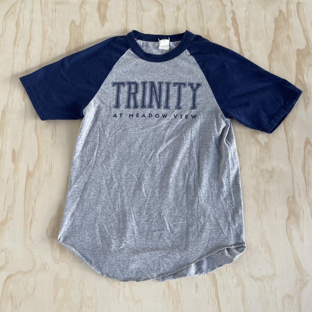 Vintage Trinity At Meadow View Shirt Mens Medium Gray Navy Raglan School Tee